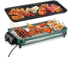 Tafelbarbecue - 2-in-1 elektrische grill - Dubbellaagse elektrische grillplaat - Binnenbarbecue - Ingebouwde rookafzuiging - Instelbare temperatuur - Inclusief 1 elektrische grillplaat, 1 grillpan, 1 grillrooster en 1 lekbak - 220V - 1500W - Blauw