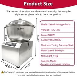 Deegmengmachine - Keukenmixer - Bakken Thuis - Bidirectionele Rotatie - 8 kg Capaciteit - Zilver — thumbnail 5
