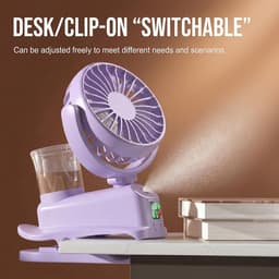 Mini USB-clipventilator, mini oplaadbare luchtbevochtiger met nevel, 4 windsnelheden, tafelventilator, mini draagbare ventilator voor thuis, bureau en kantoor (paars). — thumbnail 5