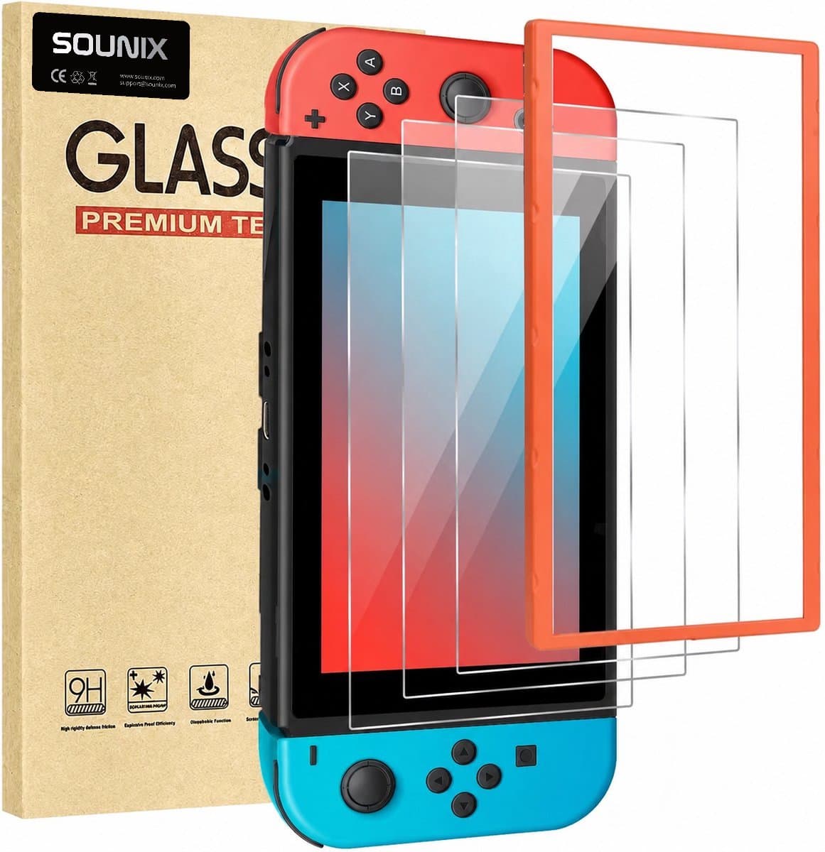 Screenprotector geschikt voor Nintendo Switch 1 met montage frame - Set van 3 stuks - Sounix - Screenprotector Tempered Glass - Gehard Glas — afbeelding 1