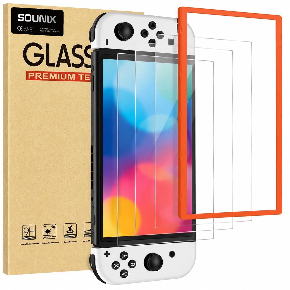 Screenprotector geschikt voor Nintendo Switch OLED met montage frame - Set van 3 stuks - Sounix - Screenprotector Tempered Glass - Gehard Glas — afbeelding 1