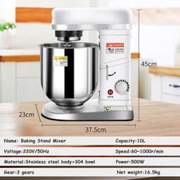 Deegmixer Keuken - Staande mixer - Bakken en Koken - Krachtige 500W Motor - 10 Liter Kom - Zilver — thumbnail 2
