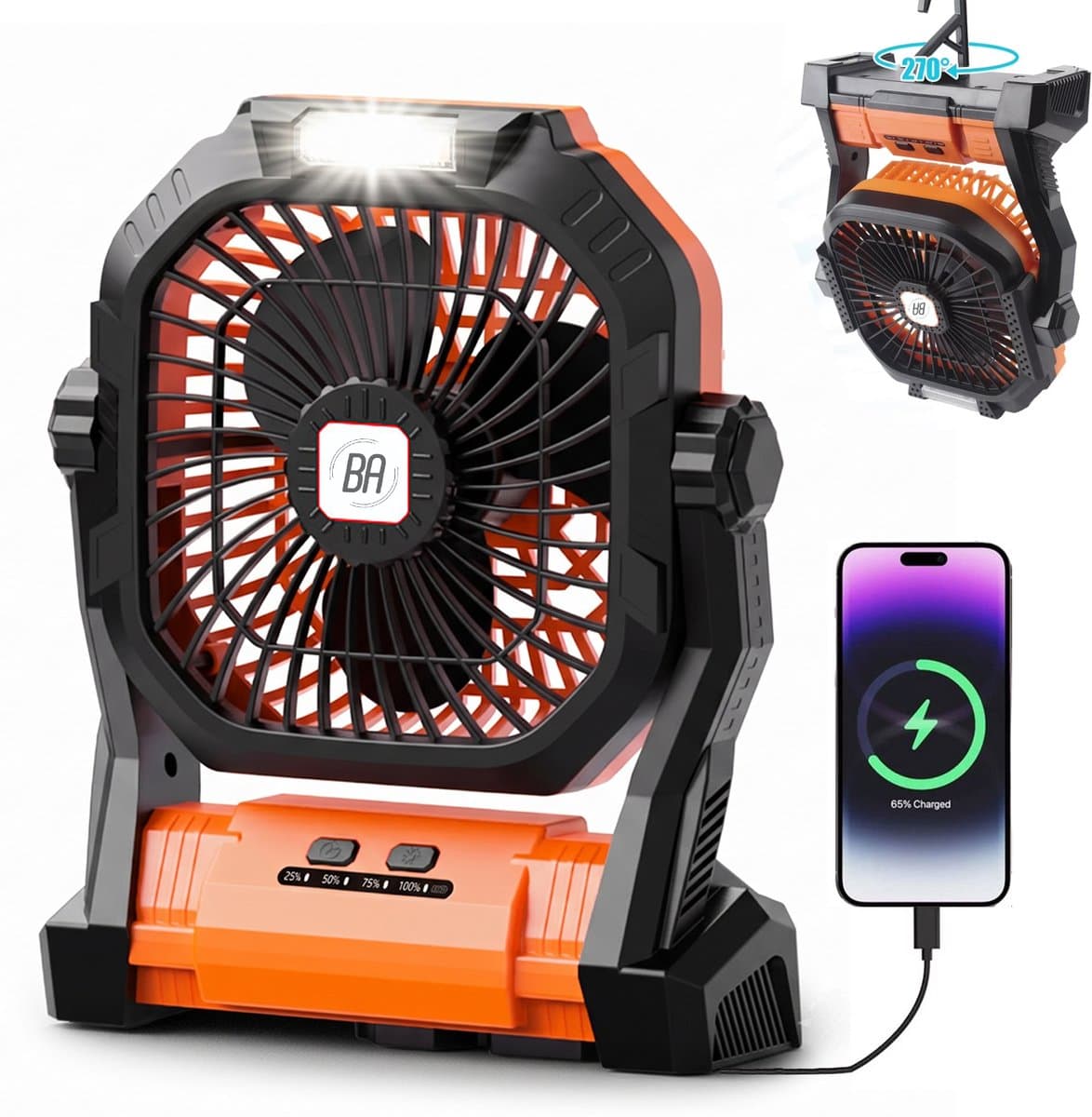 Best Active Mini Ventilator - Oplaadbare Tafelventilator - Stille Mini Fan met Ophanghaak - Handventilator - Klein, Stil & Geruisloos - 4 Snelheden & Verlichting - 7800 mAh & Powerbank functie - Zwart/Oranje — afbeelding 1