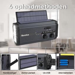Bondoo Noodradio 5000 mAh – Noodradio solar opwindbaar - Noodradio op batterijen - Noodradio opwindbaar en batterij - Radio noodpakket - Draagbare radio – Noodradio DAB+ - Powerbank zonneenergie - Zwart — thumbnail 5
