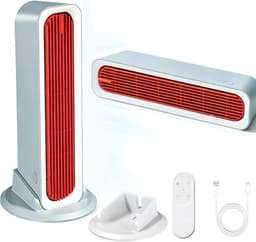 Stille draagbare USB torenventilator - Bladloze Torenventilator - 4000mAh - 3 snelheden - met losse voet en afstandsbediening - voor bureau, slaapkamer en camping - blauw-oranje — thumbnail 1