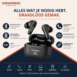 Grundig Draadloze Oordopjes - Earbuds 15 Uur Afspeeltijd - Oortjes Draadloos Bluetooth 5.3 - Oplaadcassette met Batterij Indicator - USB-C Oplaadbaar - Handsfree Bellen en Muziek Luisteren - Zwart — thumbnail 5