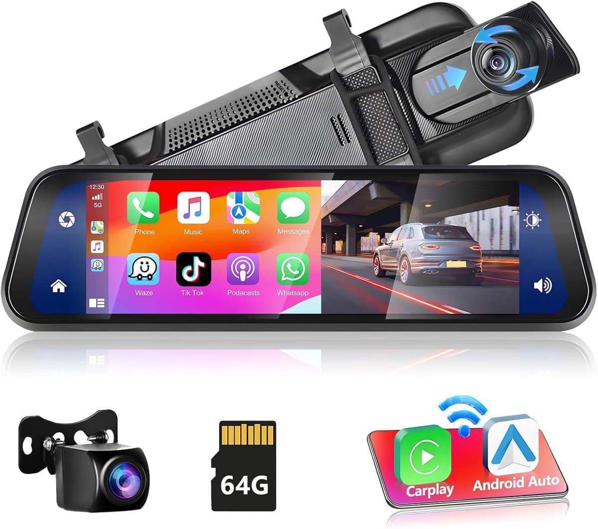 SnelShoppen - Podofo Mirror Dashcam met Draadloze Carplay, Android Auto, HD Achtercamera, 9.66 inch IPS Touchscreen, Dual 1080P, Bluetooth, Voor Auto' — afbeelding 1