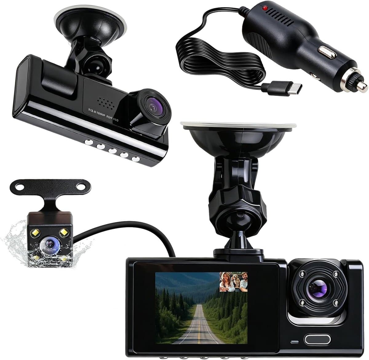 SnelShoppen - Dashcam voor Auto Met 3 Camera's, 1080p, 170° Ultrabrede Hoek, IR Nachtzicht, G-Sensor, 24-Uurs Parkeermodus, Wifi Loopopname, Ideaal Vo — afbeelding 1