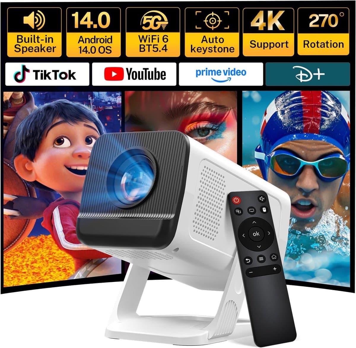 SnelShoppen - Mini Beamer met Ingebouwde Apps & Android 14, 5G Wi-Fi 6, Bluetooth 5.4, Ondersteunt 4K/1080P, Auto Keystone, Draaibaar 270° - Perfect v — afbeelding 1
