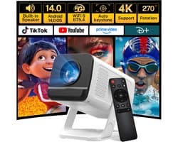 SnelShoppen - Mini Beamer met Ingebouwde Apps & Android 14, 5G Wi-Fi 6, Bluetooth 5.4, Ondersteunt 4K/1080P, Auto Keystone, Draaibaar 270° - Perfect v