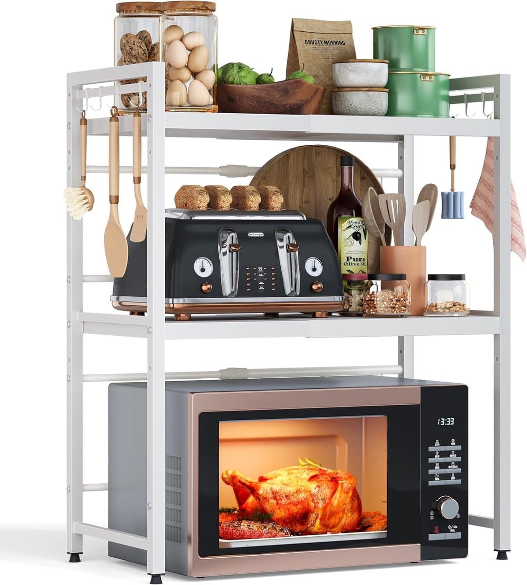 SnelShoppen - Uitbreidbaar Magnetron Rek, 3 Niveaus, Magnetron Stand voor Werkblad, Keuken Organizer, Magnetron Rek met 8 Haakjes, Wit — afbeelding 1