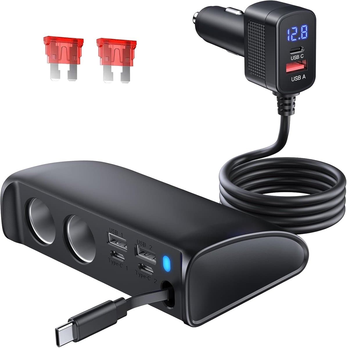 SnelShoppen - Intrekbare Autolader Adapter - 9-in-1 Sigarettenaansteker Splitter 148W 12V/24V QC3.0 USB Auto-Adapter Multi-Socket met Voltmeter voor T — afbeelding 1