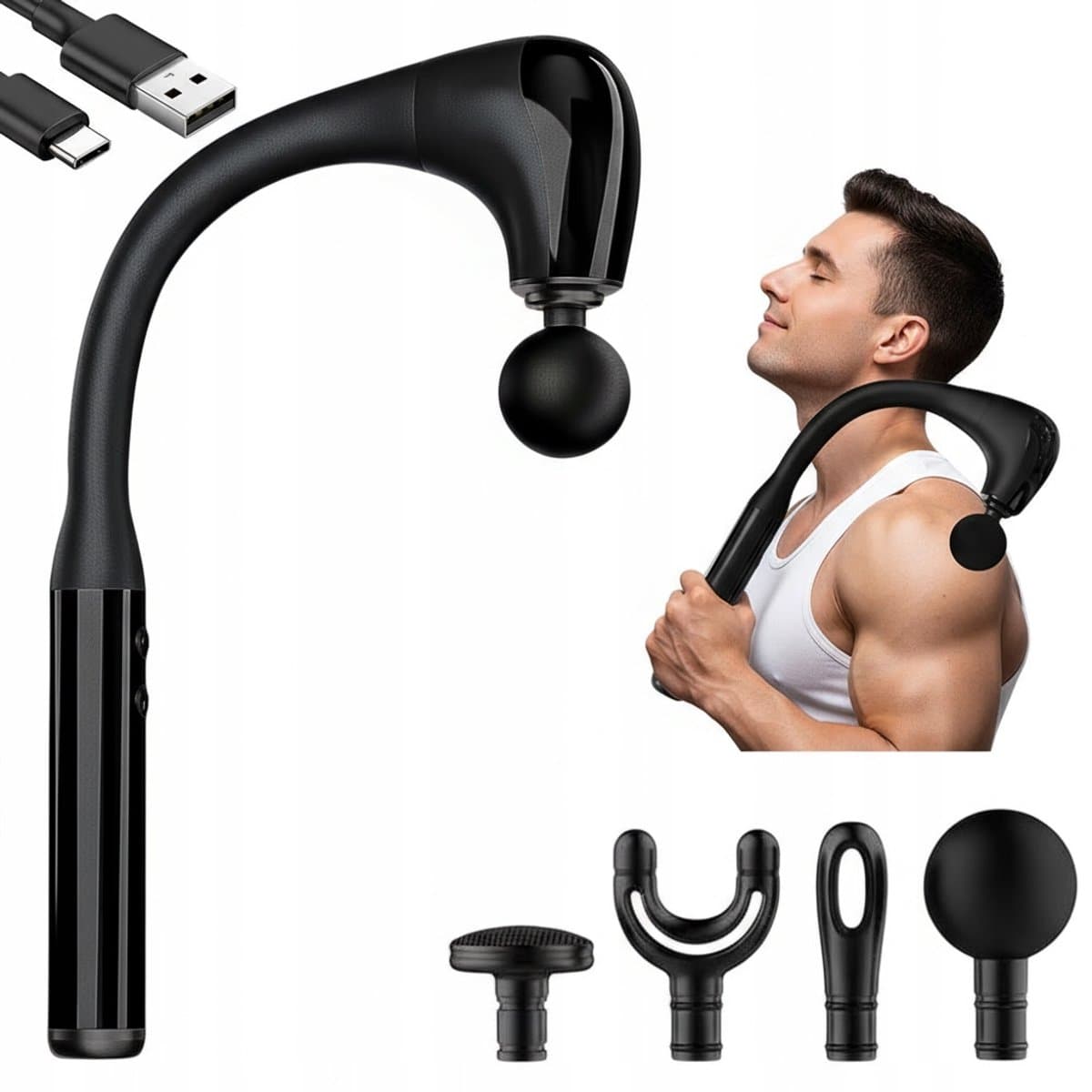 Fasciapistool - Massagegun - Ergonomische - 120° Gebogen Handgreep - 5 Snelheden - 4 Vervangen Koppen - Stille Motor - 1500mAh - Sport en Ontspanning - Voor Thuis en Kantoor — afbeelding 1
