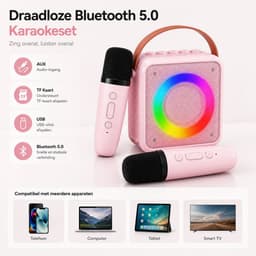 Sounix Draagbare Karaoke set - Incl. 2 draadloze karaoke microfoons - Bluetooth Speaker - Voor Volwassenen en Kinderen - Roze — thumbnail 2