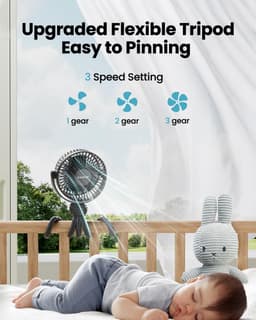 Mini Clip-on Ventilator – Oplaadbare Ventilator met 2000mAh Batterij – 3 Snelheden – 360° Draaibaar – Flexibel Statief – Stille Ventilator voor Kinderwagen, Bureau, Camping en Reizen — thumbnail 2