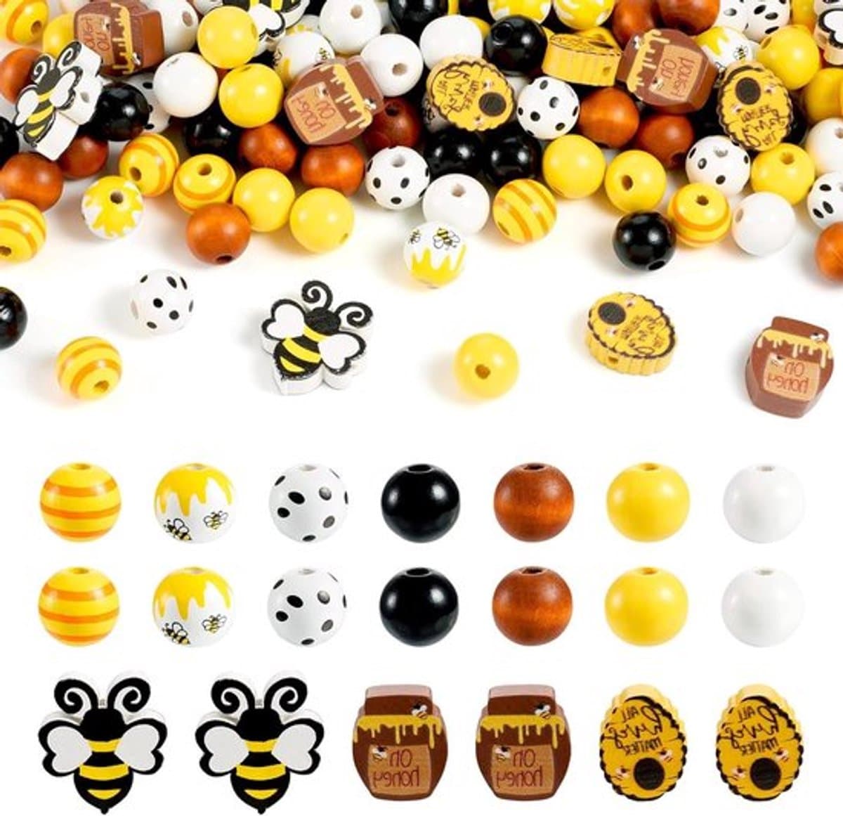 Set van 200 houten kralen met bijenthema in honingraat- en ronde balvorm, groot gat, ideaal voor creatieve sieraden en knutselprojecten — afbeelding 1