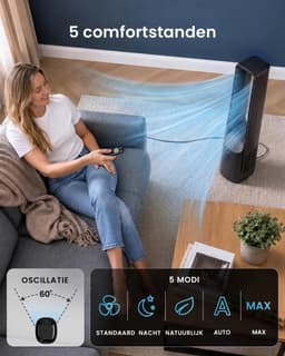 Torenventilator bladloos – stille vloerventilator – 6 snelheden – 60° oscillatie – afstandsbediening – 101 cm — thumbnail 3