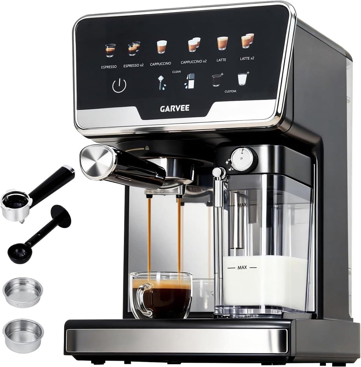 Professionele Espressomachine met Automatische Melkopschuimer - 20 Bar Pistonmachine met Dubbel Verwarmingssysteem - 1450W Koffiezetapparaat voor Cappuccino & Latte - 2L Watertank & Zelfreinigend - RVS / Zwart — afbeelding 1