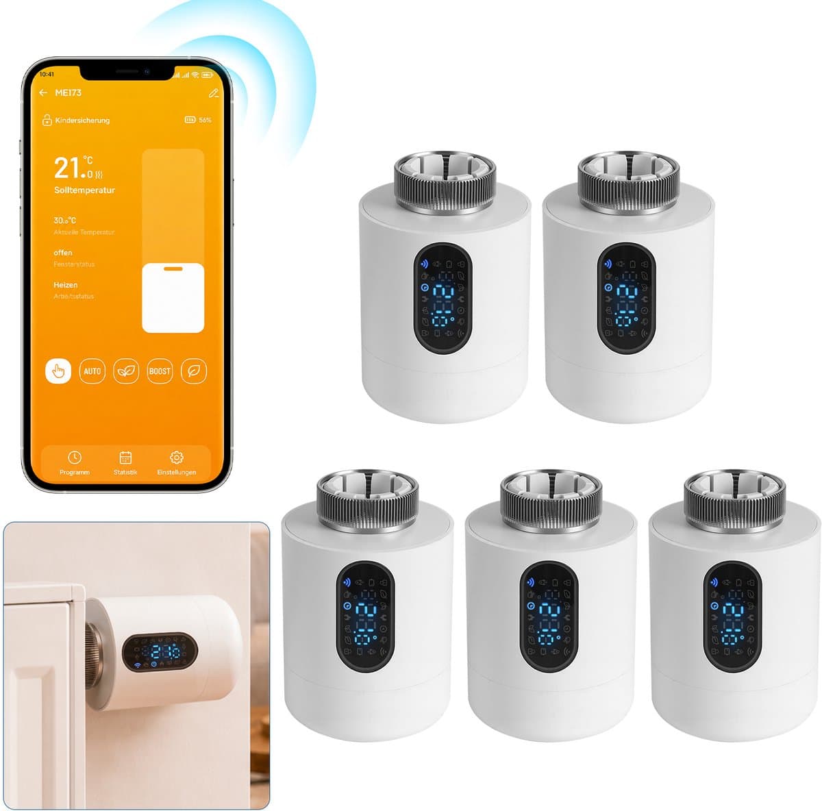 Slimme Thermostaatkraan voor Radiator – WiFi, App en 6 Modi – Wit – 5-pack — afbeelding 1