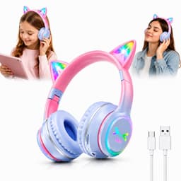 Kids Bluetooth Headphones with RGB LED Cat Ears, Wireless Over Ear Headset with Microphone, Foldable Headphones for Tablet, Phone and PC — thumbnail 1