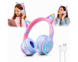 Kids Bluetooth Headphones with RGB LED Cat Ears, Wireless Over Ear Headset with Microphone, Foldable Headphones for Tablet, Phone and PC