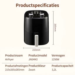 Airfryer 3,2L – Heteluchtfriteuse 1250W – Instelbare Tijd & Temperatuur – Antiaanbaklaag — thumbnail 2