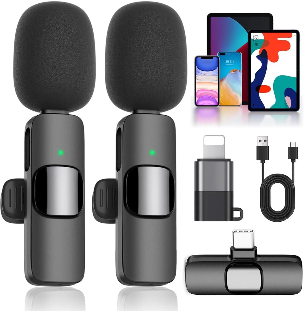 Draadloze Microfoon - Dasspeld Microfoon - 2 Stuks - Lavalier Microfoon - DSP Ruisreductie - Plug & Play - 20 m Bereik - Omnidirectioneel - Type-C & Lightning - Voor Vloggen & Podcast & Interviews & Opnames - Zwart — afbeelding 1