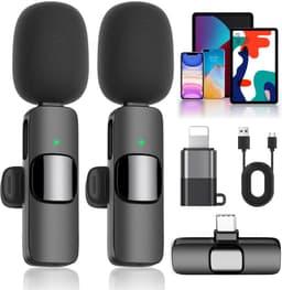 Draadloze Microfoon - Dasspeld Microfoon - 2 Stuks - Lavalier Microfoon - DSP Ruisreductie - Plug & Play - 20 m Bereik - Omnidirectioneel - Type-C & Lightning - Voor Vloggen & Podcast & Interviews & Opnames - Zwart — thumbnail 1