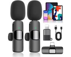 Draadloze Microfoon - Dasspeld Microfoon - 2 Stuks - Lavalier Microfoon - DSP Ruisreductie - Plug & Play - 20 m Bereik - Omnidirectioneel - Type-C & Lightning - Voor Vloggen & Podcast & Interviews & Opnames - Zwart