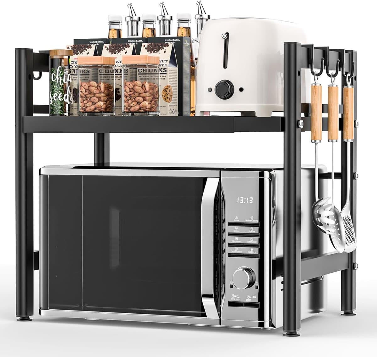 SnelShoppen - Expandable Magnetron Rack - Keuken Organizer - Verstelbare Magnetron Stand - Zwart - Met 6 Haken - Ideaal voor Oven, Koffiezetter, Werkb — afbeelding 1