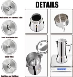 6 Cup Thickened 304 Stainless Steel Moka Pot Stovetop Espresso Maker Espresso Maker Cafeteras Italian Coffee Maker Capable Mocha Coffee Machine Greca Coffee Maker for Home & Camping 300ml 10oz — thumbnail 5
