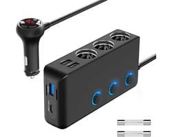 Thijox - PD 30W Sigarettenaansteker Splitter Auto 200W met 3 Stopcontacten en 4 USB Oplaadpoorten, USB-C, QC 3.0, LED Voltmeter voor Auto, Mobiele Tel