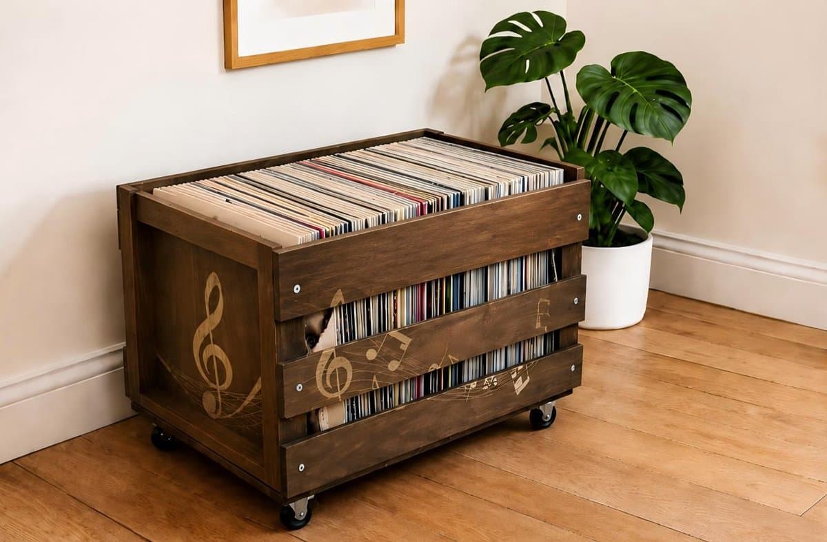 12'' LP Houten Krat Op Wielen Voor Vinyl Opslag - Tot 100 LP'S — afbeelding 1
