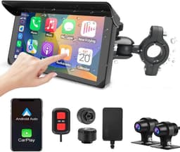 Motorfiets Carplay Scherm, Draadloos CarPlay & Android Auto Scherm, 5'' Waterdicht Touchscreen met 1080P Camera Voor en Achter, WiFi, GPS Navigatie, Bluetooth, TPMS, G-Sensor, Siri — thumbnail 2