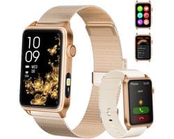 RAYOFI - Smartwatch - Nieuwe damessmartwatch 2026 - 1,57-inch sporthorloge - Hartslagmeting - Volledig touchscreen - Vierkant ontwerp - Stijlvol damessporthorloge - Goud - Twee bandjes - Compatibel met Android 5.0+ / iOS 10.0+