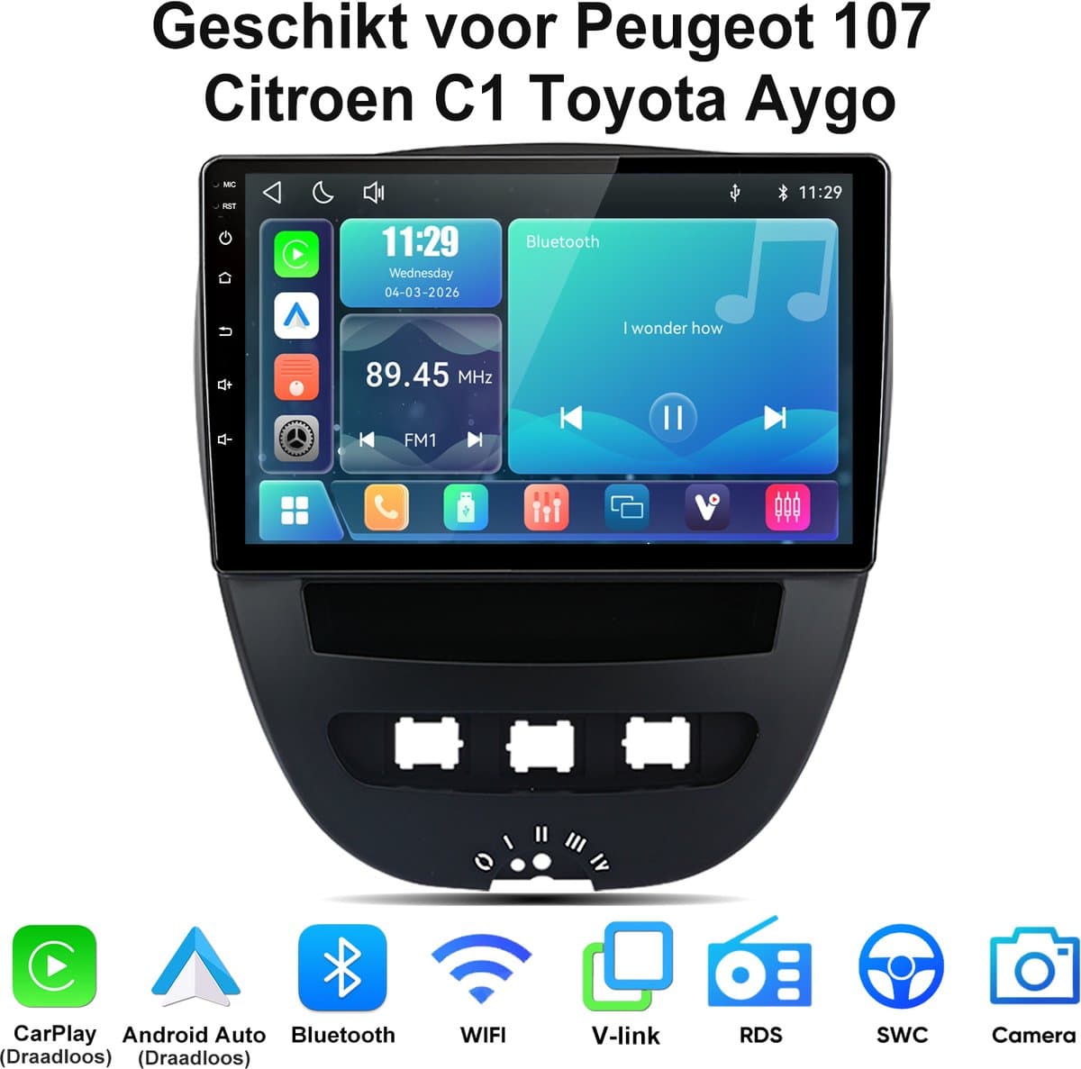 Junsun lINUX Systeem Autoradio Geschikt voor Peugeot 107 Citroen C1 Toyota Aygo - Draadloos Carplay & Andriod Auto - 10 Inch HD TouchScreen - Bluetooth - Navigatie - WiFi - FM - RDS - Stuurwielbediening — afbeelding 1