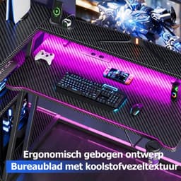 Gaming Bureau met LED Verlichting - 100L x 88H x 65B cm - L-Vormig Hoekbureau met Stopcontact - Met USB en Type-C-poort - Met Bekerhouder & IJzeren Haak - Gaming Desk - Computer Tafel - Gaming Tafel met Monitorstandaard - 3 Laags Opbergrekken - Zwart — thumbnail 5