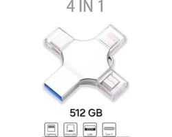 4 in 1 Flash Drive / 512GB / Zilver / USB Opslag / USB Stick / Externe Geheugen voor smartphones tablets Lightning Android / USB-C / USB. 3.0