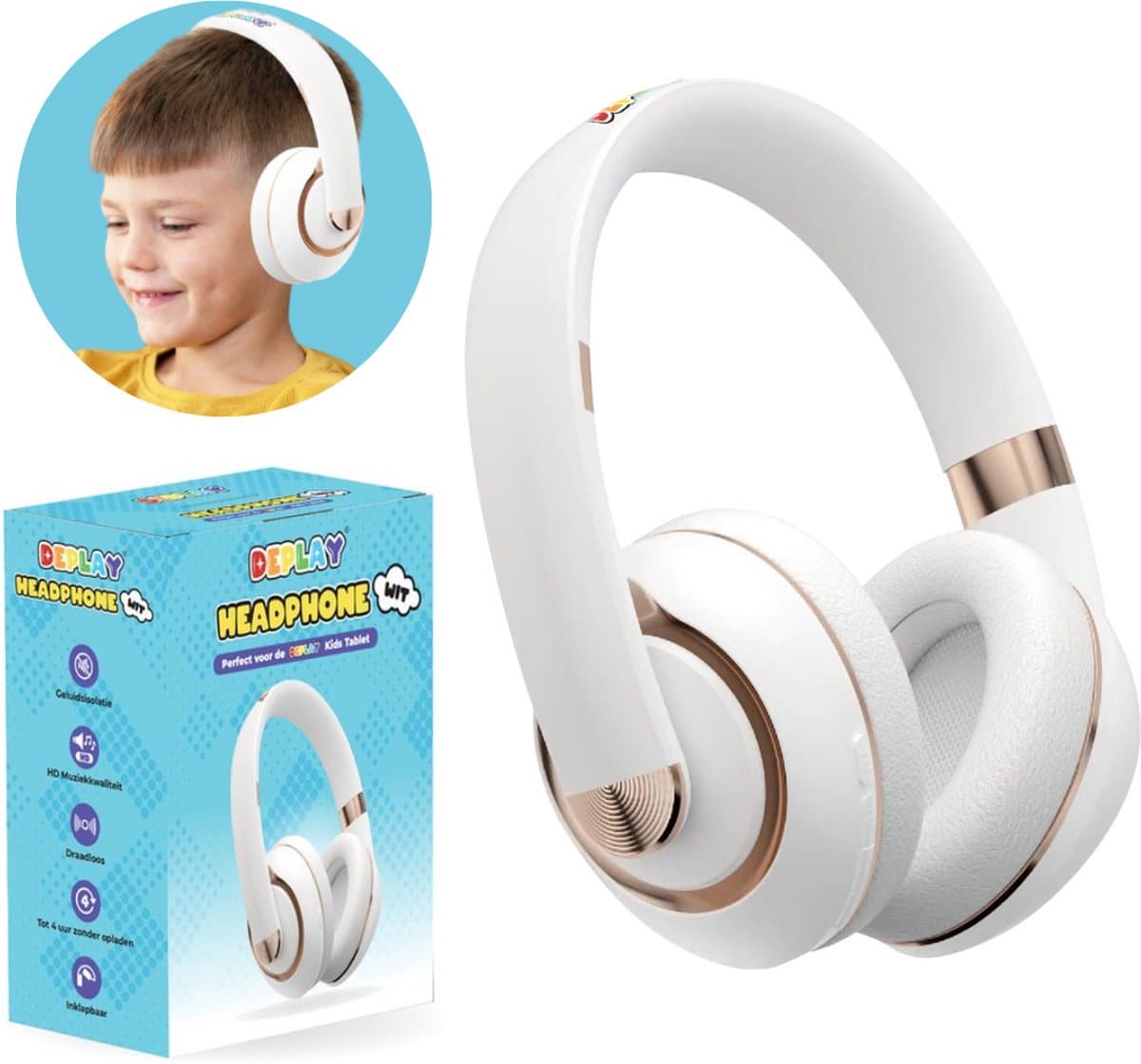 DEPLAY Headphones - Kinderkoptelefoon - Koptelefoon Kinderen - Over Ear - Draadloos - Volumebegrenzer - Noise Isolation - Wit — afbeelding 1