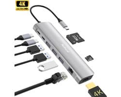 Techard USB-C-Hub 9-in-1 Docking Station USB Splitter Laptop - 4K HDMI - USB-A - USB-C 100W - Ethernet - (Micro) SD - 2026 Model