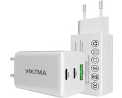 Voltma PH65ACC 65W ultrasnelle USB C oplader - met 3 poorten (2x USB C en 1x USB A) lader adapter - USB-C snellader voor USB Type-C en Type-A apparaten - 65 Watt PD Fast Charging stekker - geschikt voor smartphones, tablets en laptops (wit)