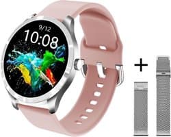 Belesy® BQSiRgPk Pro - Smartwatch Dames – Smartwatch Heren - Horloge - 1.28 inch - Kleurenscherm - Stappenteller - Bloeddruk - Hartslag - 75+ Wijzerplaten – Sporten – Zilver – Siliconen – Roze – extra polsband Milanees Zilver - Kerstcadeau
