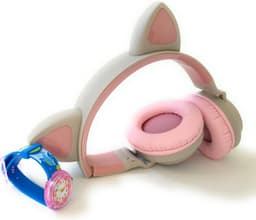 ZaciaToys Bluetooth Draadloze On-Ear Koptelefoon voor Kinderen GrijsRoze Incl. educatief kinderhorloge - Kattenoortjes - Kinder Hoofdtelefoon - Draadloos Headphone - Handsfree - Gehoorbescherming - Schakelbare LED-verlichting — thumbnail 4