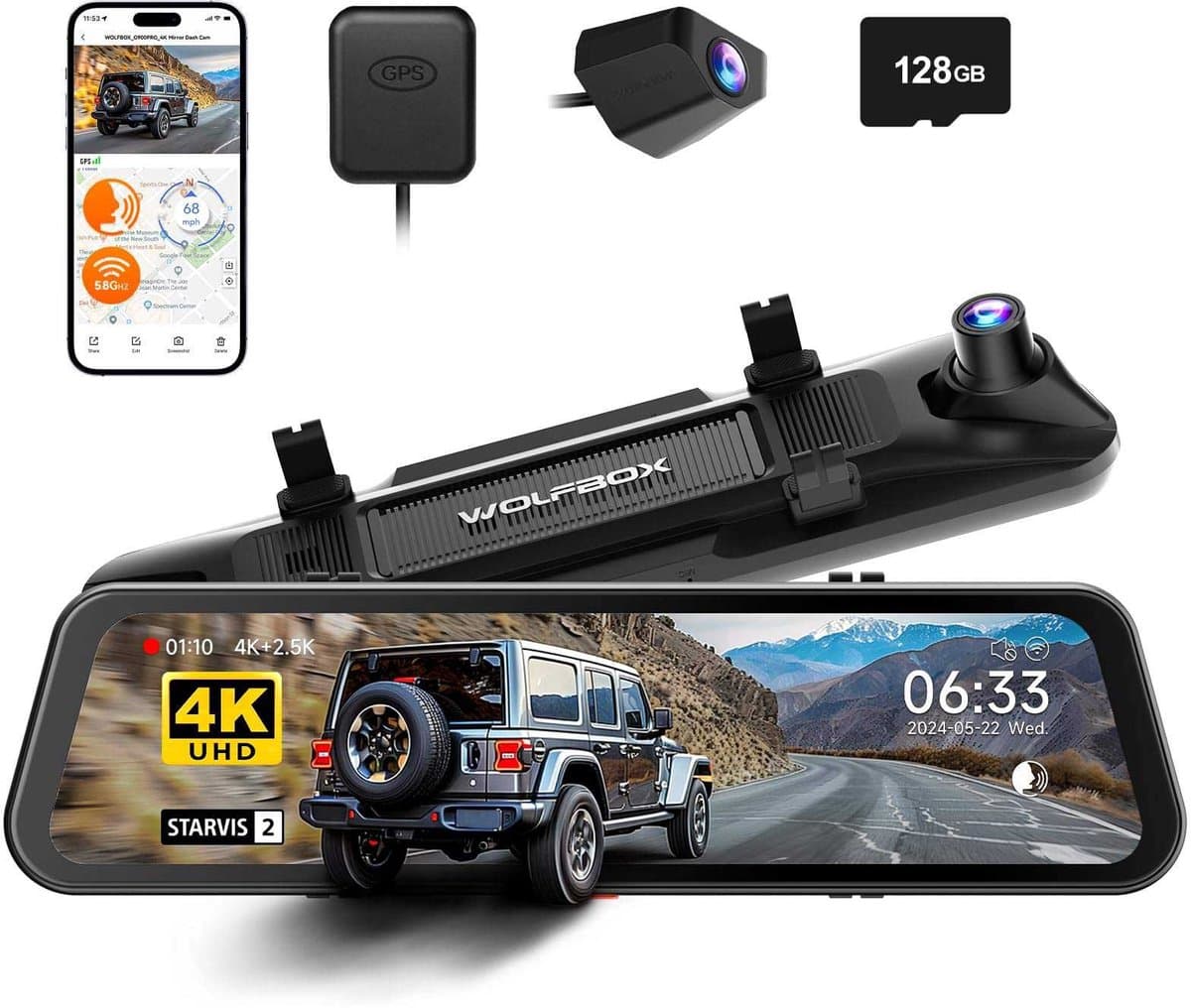 Wolfbox G900 Pro 4K Gps 128gb Mirror dashcam - Parkeermodus - 12,0 inch touchscreen Lcd - Ultra 4K + 2.5K resolutie - Wifi met App - Gps ontvanger - 128gb Micro SD kaart - Spiegel dashcam en digitale binnenspiegel in één — afbeelding 1