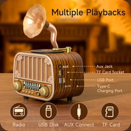Vintage Draagbare Draadloze Radio - AM/FM/SW Radio Met Bluetooth - Met USB en Oplaadbare Batterij - Antenne, AUX & TF Kaart Afspeelbaarheid - Draadloze Connectiviteit - Geschikt Voor Ouderen - Ideaal voor Thuis & Buitengebruik - Perfect Cadeau — thumbnail 4