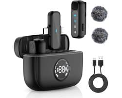 Strolox® Draadloze Microfoon - 2 Stuks - Oplaadcase - Lavalier - Windshields - Dasspeld - Lange Batterij - USB-C/Lightning - Plug & Play