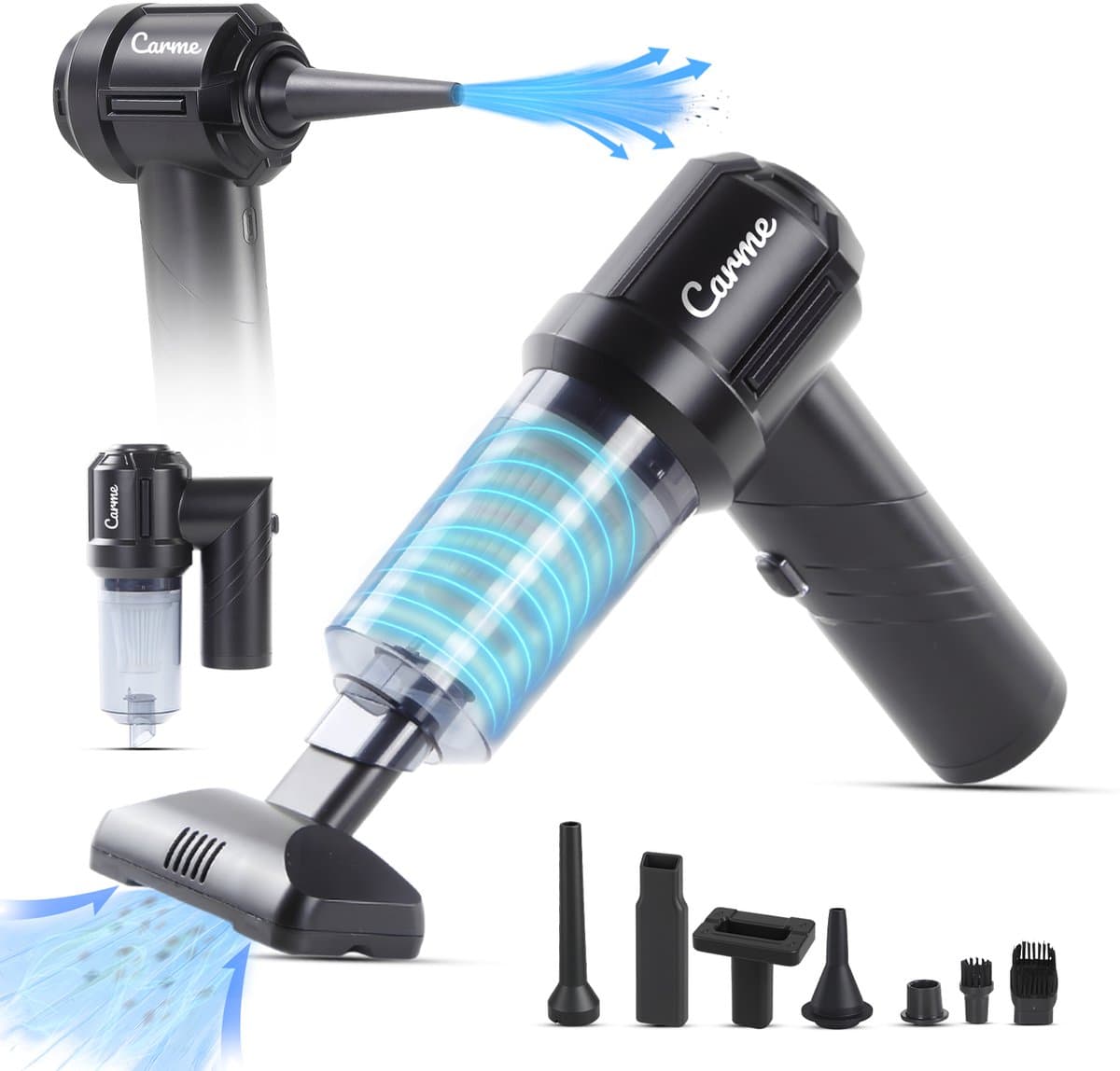 CarMe 2-in-1 Auto Stofzuiger - Zuigen & Blazen - Kruimeldief - 7 Opzetstukken - Oplaadbaar - Handstofzuiger - Air Duster - Zwart — afbeelding 1