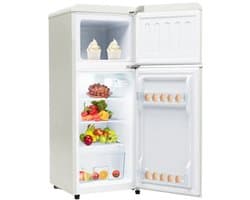 retrokoelkast, koel-vriescombinatie, 105,5 cm hoog, 41 cm breed, tweedeurig, met 92 liter totaal volume, 28 liter vriesvolume. Deurrek en glasrek. 116 kWh/jaar, -27掳C ~13掳C, LED-verlichting