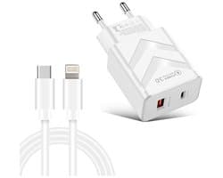 20W Snellader - PD 3.0 + QC 3.0 Dual-Port Reislader - Incl. 1 meter USB-C naar 8-Pin kabel - Compacte Adapter Lader - USB-C + USB-A - wit