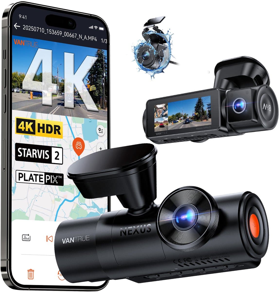 Vantrue N4 Pro S 4K 3-kanaals dashcam met Triple STARVIS 2, 4K+1080P+2.5K voor-, binnen- en achtercamera, HDR IR-nachtzicht, spraakbediening, parkeermodus, GPS, Wi-Fi, ondersteuning tot 1TB — afbeelding 1